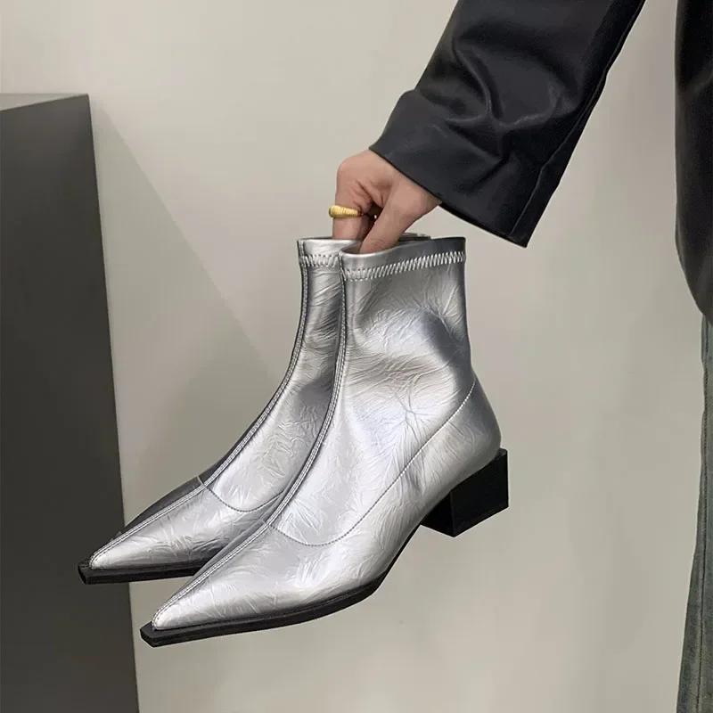 Fresh Steps Puntige teen dames slanke enkellaarsjes mode vierkante lage hak dames elegante achterkant ritsen korte laarsjes dames schoenen 35 zilver