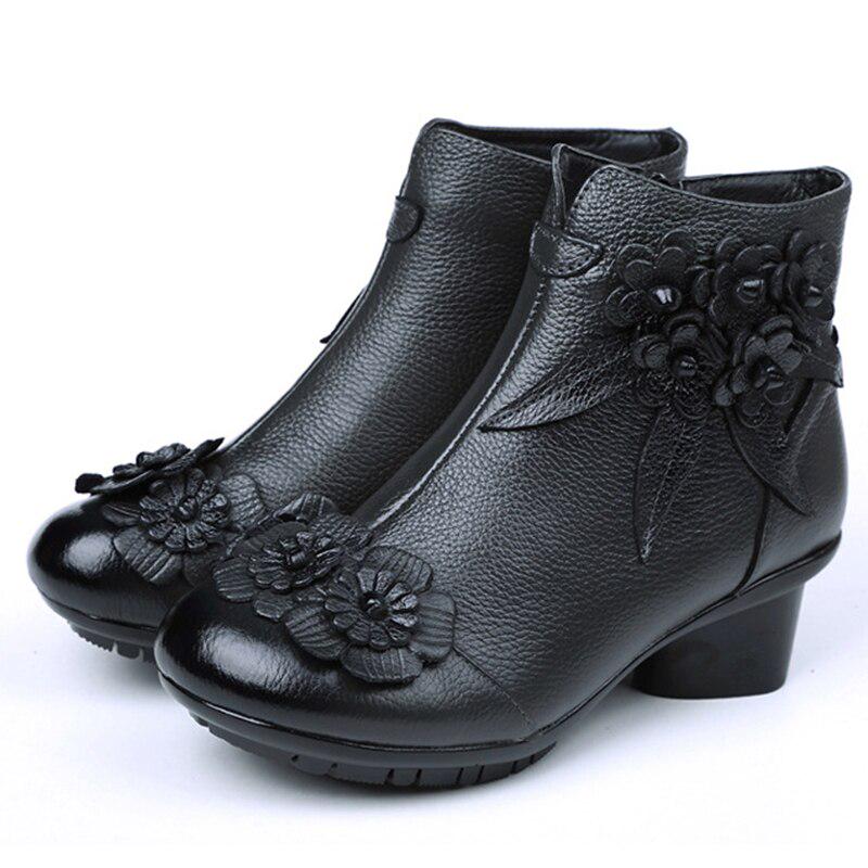 Ylqp Vintage laarzen lederen enkellaarsjes nieuwe winter dames warme schoenen zachte antislip bodemzolen 41 zwart