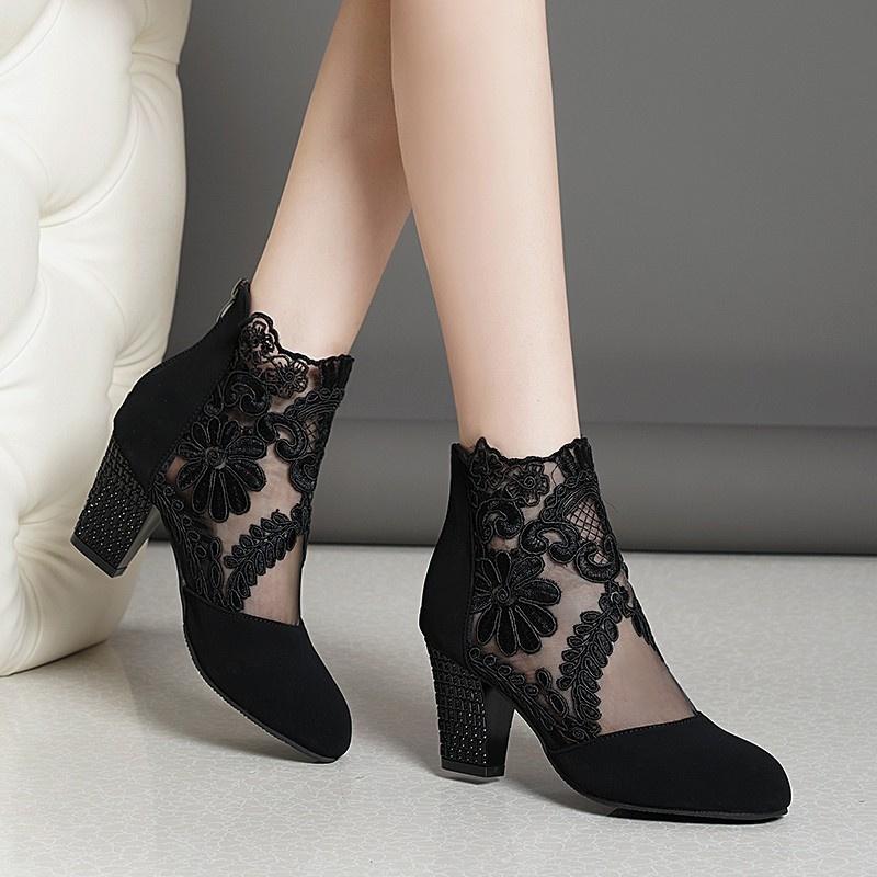 LaLaShoes Nieuwe mode dames hoge hakken kant bloem enkelband holle sandalen ronde neus rits pumps Zapatos De Mujer 35