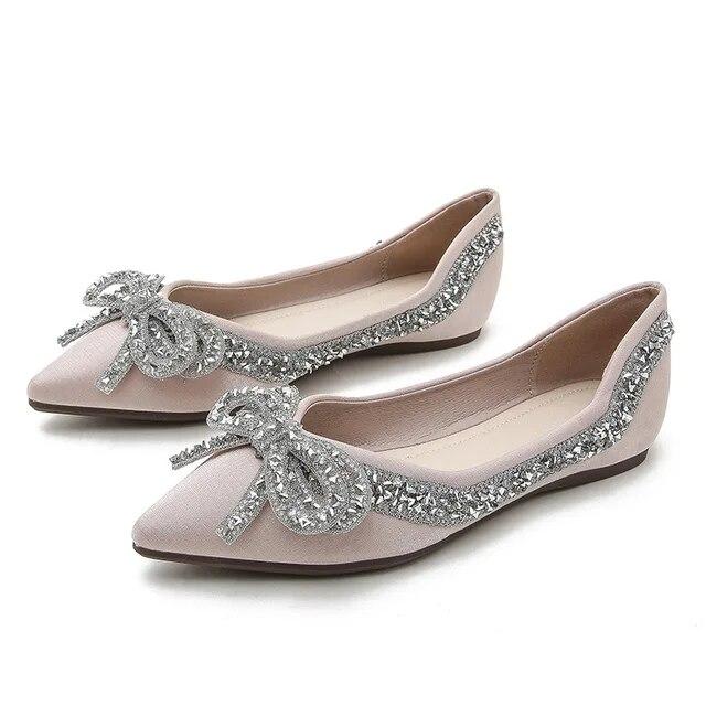 Clothing 04 Mode strass enkele schoenen voor dames zomer groot formaat puntige neus platte zool strik damesschoenen 40
