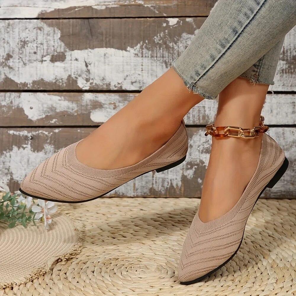 Clothing 04 Dames platte schoenen met puntige neus, effen kleur, gebreide instappers, casual ademende ballerina's, dames platte schoenen, loafers 43