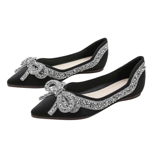 Clothing 04 Mode strass enkele schoenen voor dames zomer groot formaat puntige neus platte zool strik damesschoenen 40 zwart