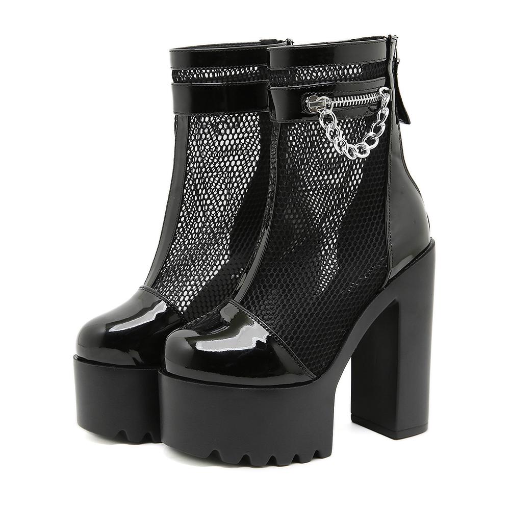 Gdgydh Korte laarzen met blokhak voor dames, ademend mesh aan de achterkant, ritssluiting, hoge hakken, stijlvolle enkellaarsjes, modeketen, zomerschoenen 41 zwart