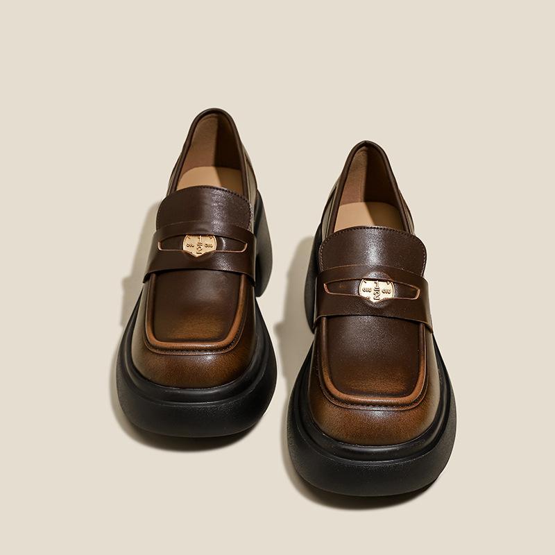 Worx Dames Platform Hoge Hak Authentieke Leren Leren Schoenen Zwarte Chunky Hak All-Match Loafers 36