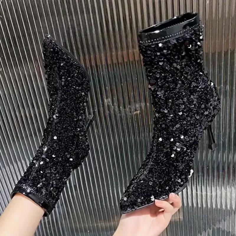 Walkway Wonders fashion Luxury Glitter Ankle Boots Women High Heel Bling Sexy Pointed Toe Shoes Woman 2024 Trend Elegant Party Dress Chelsea Botas Mujer 41 zwart