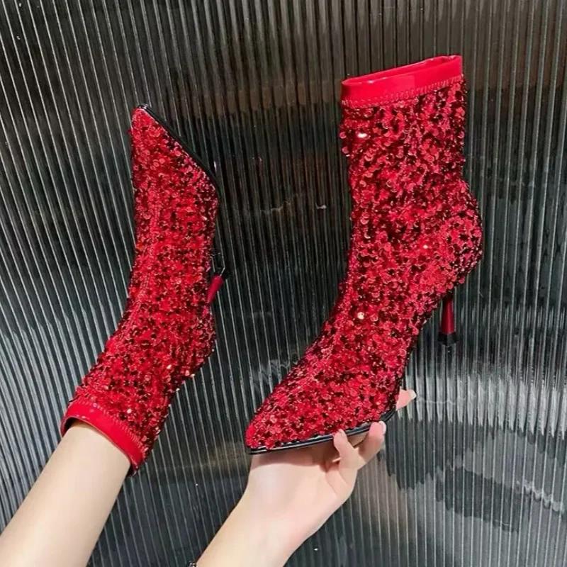 Walkway Wonders fashion Luxury Glitter Ankle Boots Women High Heel Bling Sexy Pointed Toe Shoes Woman 2024 Trend Elegant Party Dress Chelsea Botas Mujer 41 rood
