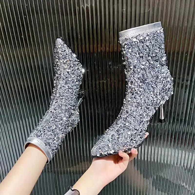 Walkway Wonders fashion Luxury Glitter Ankle Boots Women High Heel Bling Sexy Pointed Toe Shoes Woman 2024 Trend Elegant Party Dress Chelsea Botas Mujer 41 zilver