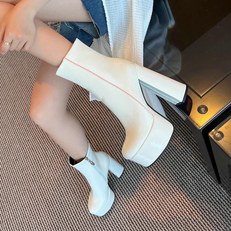Ochanmeb-Women Shoes Dames Enkellaarsjes Platform Vierkante Hoge Hakken Dames Korte Laarzen 37 wit