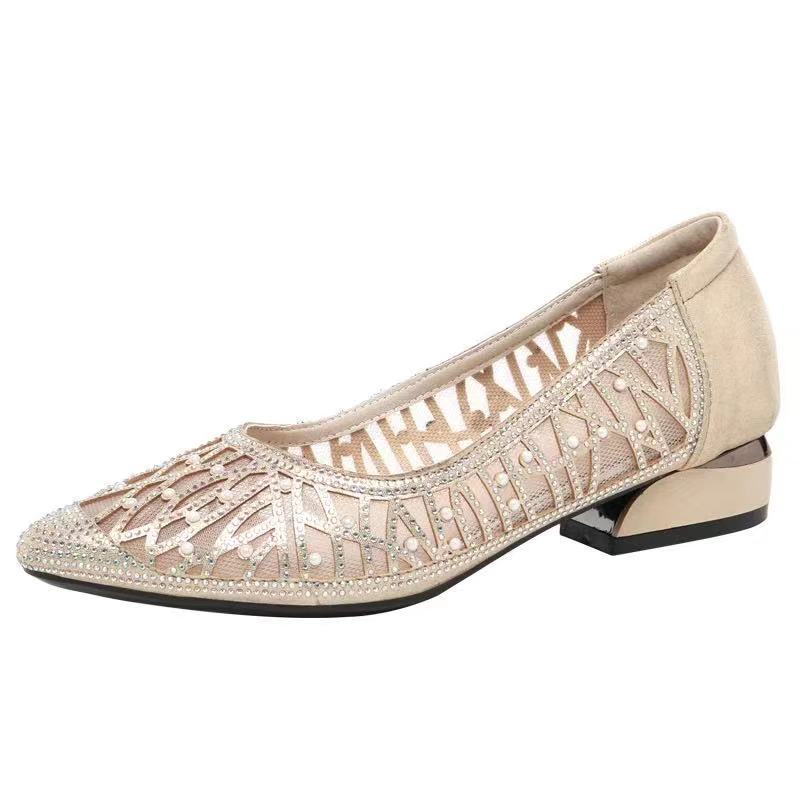 WTEMPO Strass Zacht Leren Sandalen Dames Zomer Platte Bodem Uitgeholde Mesh Schoenen Ondiepe Mesh Enkele Schoenen Damesschoenen 40 goud