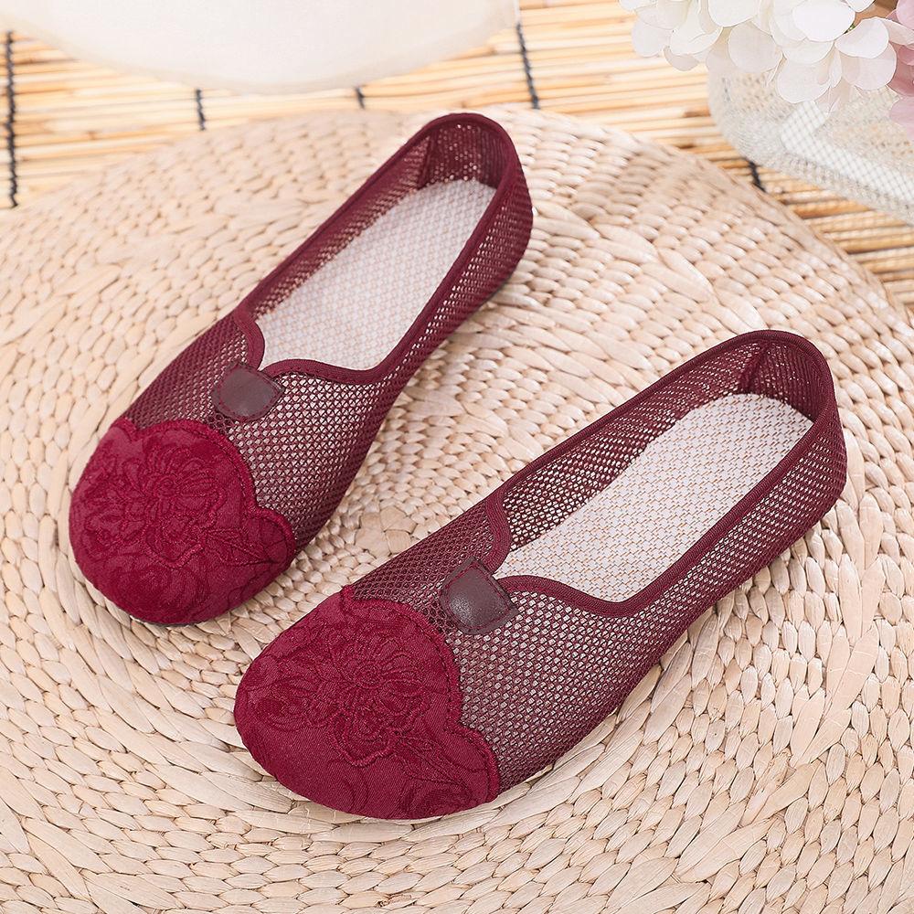 WTEMPO Dames Mesh Ademende Schoenen Dames Geborduurd Eén Voet Antislip Zachte Zool Comfortabele Ademende Schoenen Schoenen 35 bordeaux