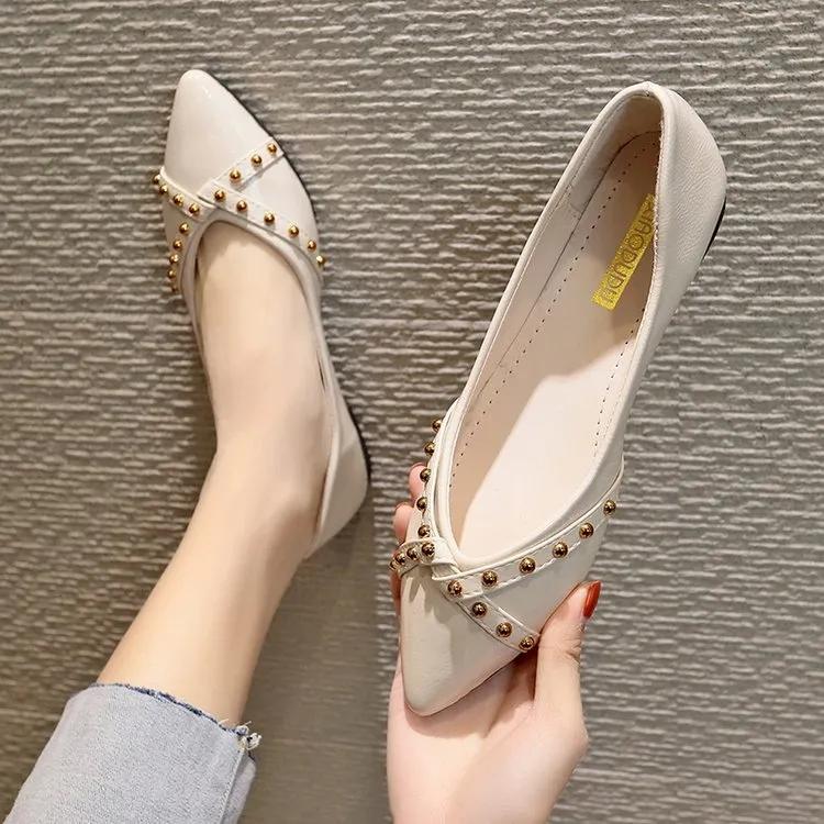WTEMPO Enkelvoudige schoenen Dames Puntige ondiepe mond Platte schoenen Veelzijdige platte hak Professionele werkschoenen Platte antislip werk Enkelvoudige schoenen Dames leren schoenen 35 beige