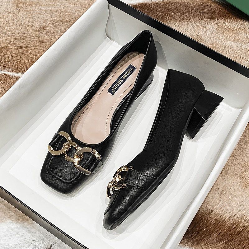WTEMPO Vrouwen Verdikte Hak Schoenen Zacht Leer Vierkante Kop Schoenen Veelzijdig Ondiep Casual Zachte Zolen Antislip Comfortabele Schoenen Schoeisel 35