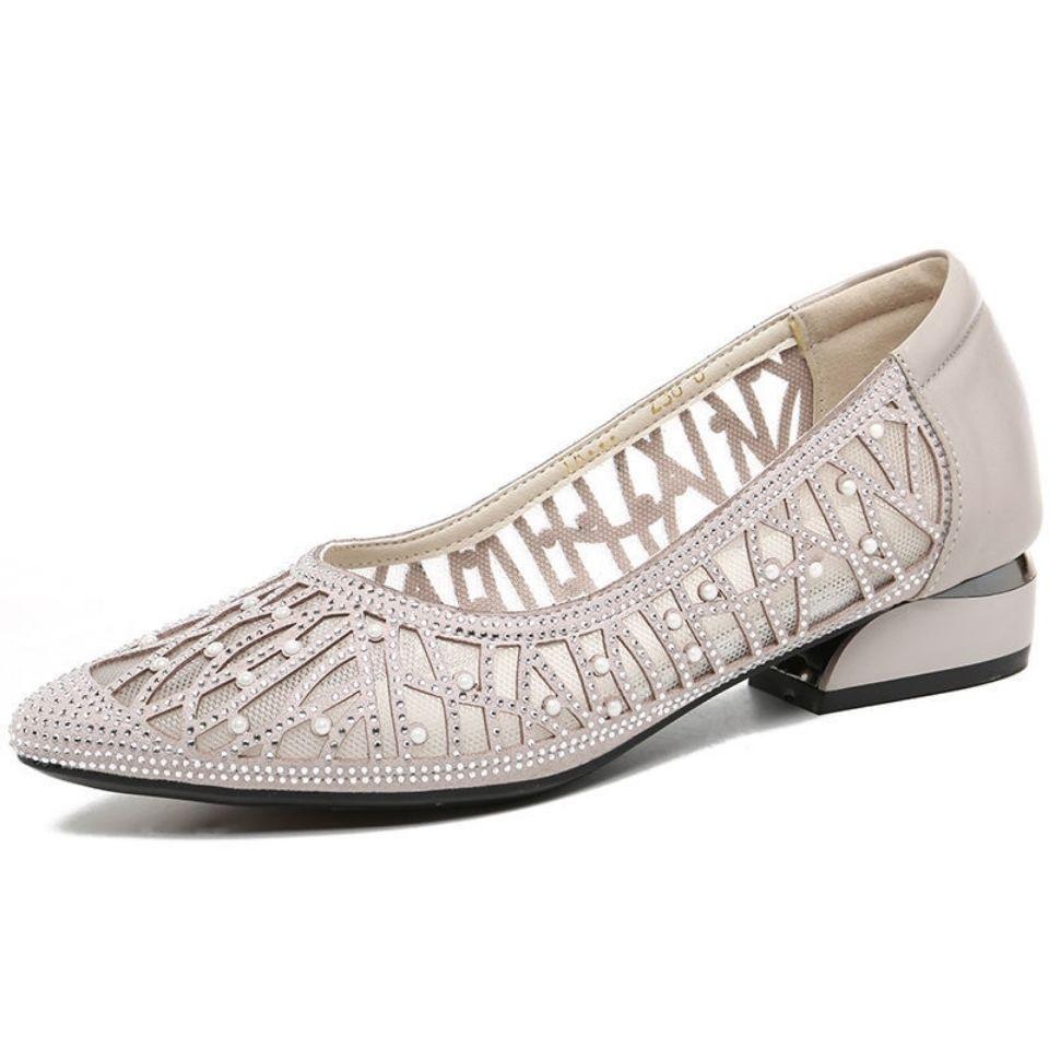WTEMPO Holle mesh lage hak sandalen met strass decoratie puntige neus ondiepe instappers dames zachte leren pump ademend licht comfortabel 41 zilver