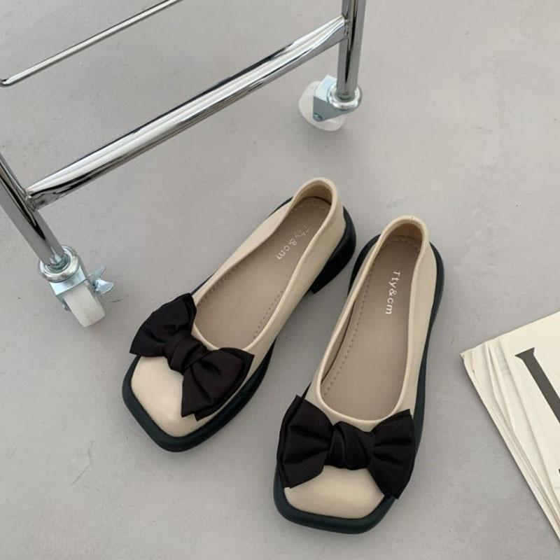 WTEMPO Grote maten damesschoenen Lente en herfst Retro Britse stijl Vierkante neus Strik Effen kleur Lage vierkante hak Zachte zool Zachte leren schoenen 39 abrikoos