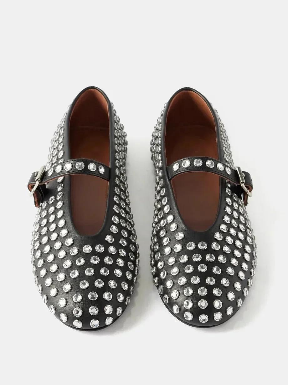 Foot Finesse Dames Strass Klinknagel Enkel Schoenen dames Nieuwe Ronde Neus Holle Riem Gesp Comfortabele Platte Dans Ballet Mary Jane Schoenen 35