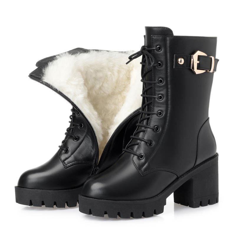 WTEMPO Laarzen Damesschoenen Herfst Winter Bont Sneeuwlaarzen Mode Ronde Neus Veterschoenen Leren Laarzen Damesschoenen 37