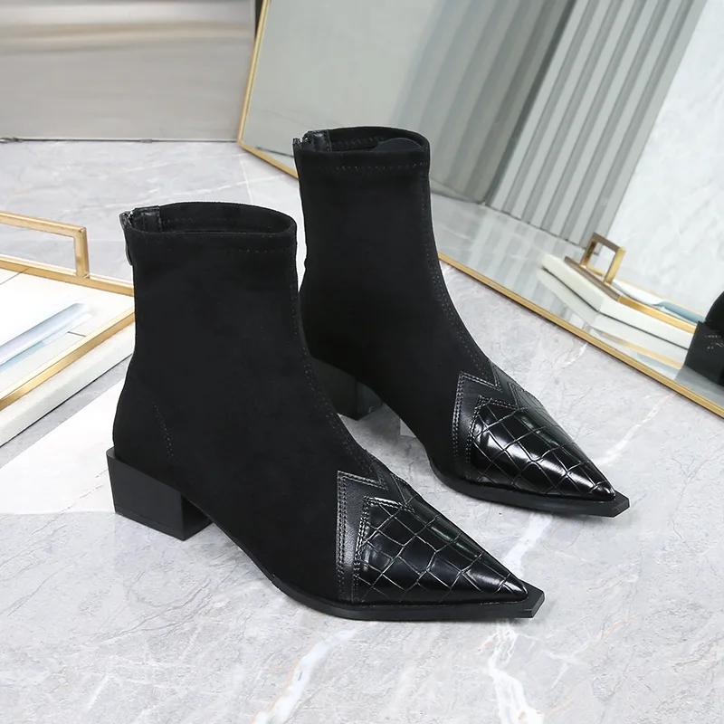 Foot Finesse 2024 Lente Herfst Dames Enkellaarsjes Mode Puntige Neus Korte Botas Dames Elegante Lage Hak Schoenen Winter Dames Pumps 43