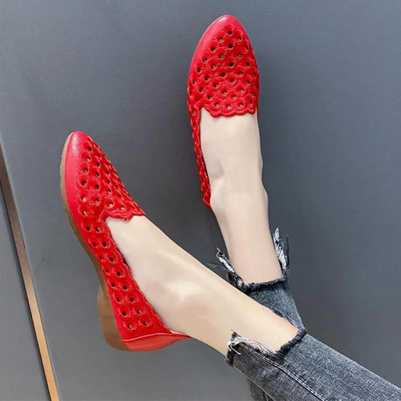 Fashion Flyshoes Holle rode leren dames zachte zool puntige neus ondiepe instapper eenvoudig casual woon-werkverkeer Koreaanse mode mocassin drop shipping 39 rood