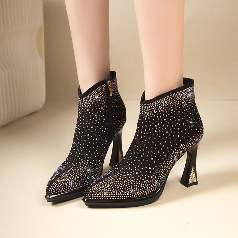 Gtimeshoes Nieuwe stijl Martin Boots Damesschoenen Strass Korte laarzen Puntige neus Hoge hak Dikke hak Enkele laarzen Plus Fluwelen warme leren laarzen 39