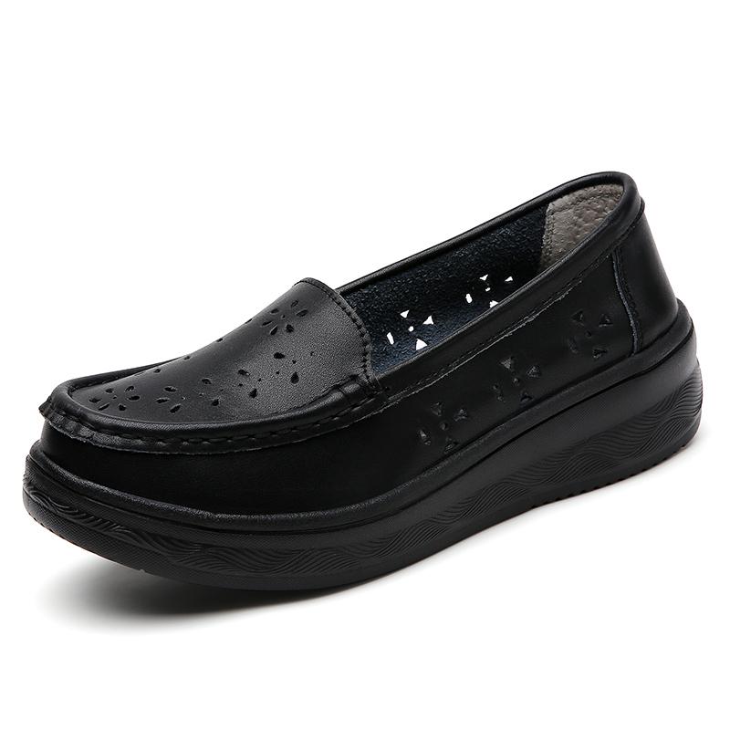Lfy shoes Dames Platform Loafers Casual Elegant Zwart Koe Leer Dames Hoogte Toenemende Dikke Zool Schudschoen 41