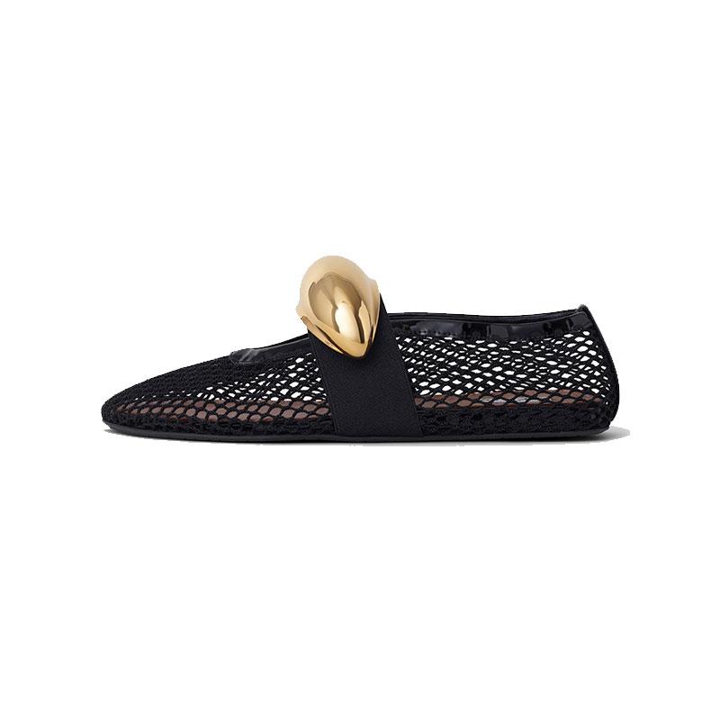 Finshoes 2024 Zomer Nieuwe Mesh Dames Ballet Platte Schoenen Mode Metalen Gesp Mary Jane Dames Comfortabele Grote Enkele Schoenen 40