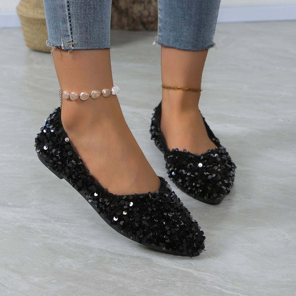 BeautyFeet Nieuwe aankomst platte schoenen damesmode bling shine zilveren puntige teen ballerina's comfortabele casual damesschoenen 40