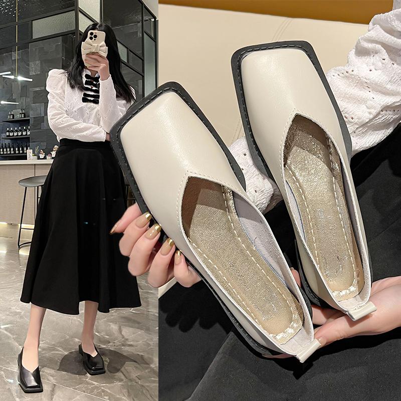 LaLaShoes Platte schoenen Dames Vierkante neus Enkel schoenen Eenvoudig temperament Leren schoenen Lente Herfst 4 kleuren 40