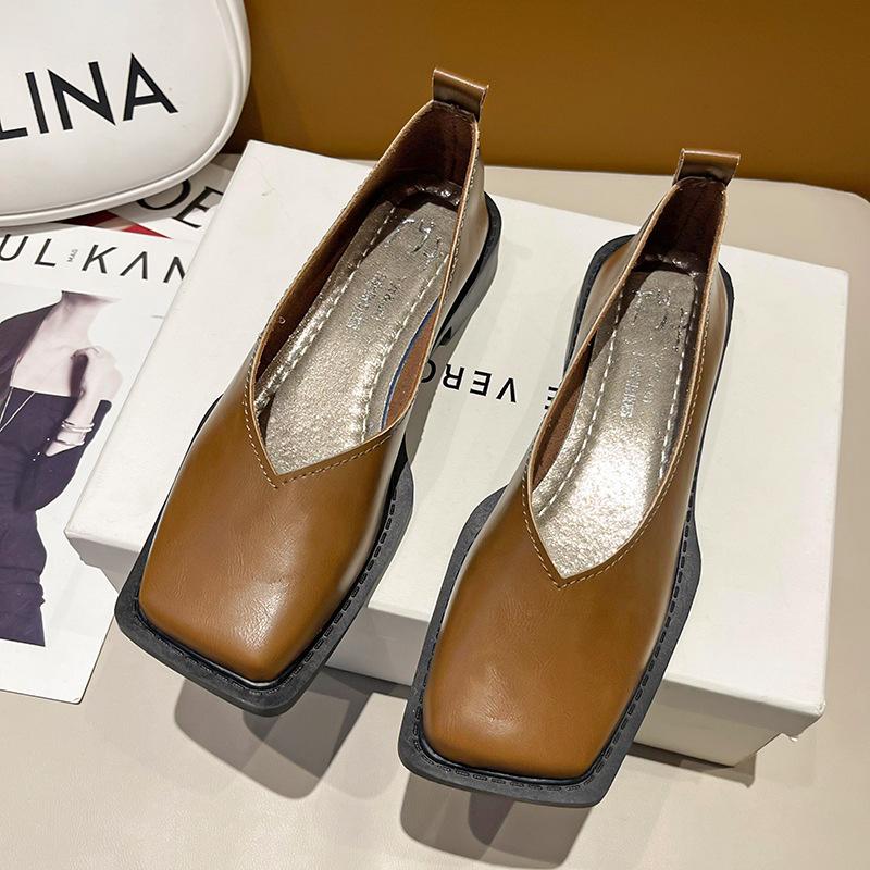 Yoghurt Platte schoenen Dames Vierkante neus Enkel schoenen Eenvoudig temperament Leren schoenen Lente Herfst 4 kleuren 37