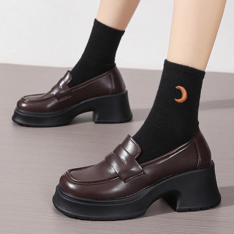 BeautyFeet Pu leren platform loafers vrouw 2024 Britse stijl dikke hakken Oxfords schoenen vrouwen slip op college gothic schoenen 40 donkerbruine kleur