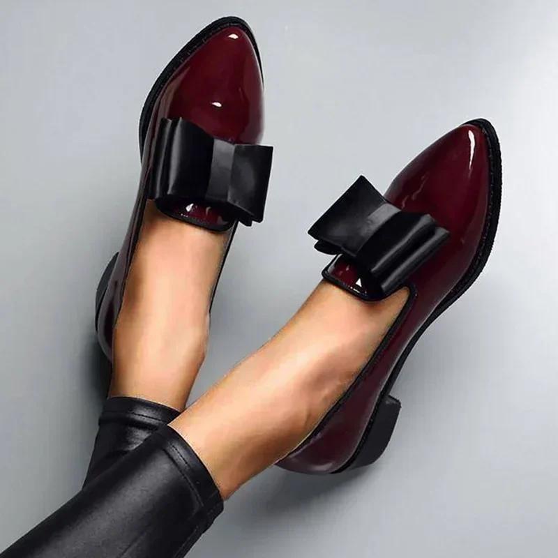 LaLaShoes Nieuwe dames loafers met strikversiering, puntige neus, platte schoenen voor dames, lakleer, ondiepe mond, forensenschoenen voor dagelijks gebruik, casual schoenen 36