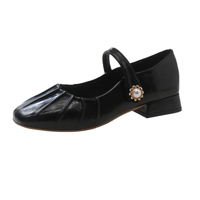Wucifang Shoes Mary Jane schoenen, glanzende leren ballerina's, modieuze geplooide lage hakschoenen voor dames, zachte zool, casual schoenen, maat 44 40 zwart