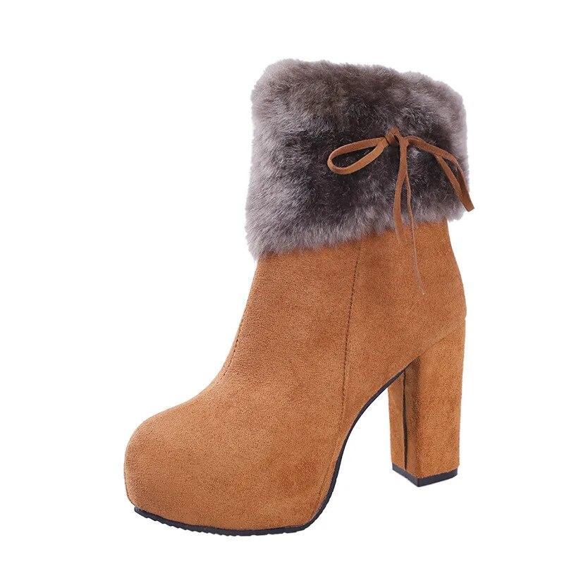 FengFeng Net Winterschoenen Vrouwen Hoge Hakken Laarzen Bont Warme Schoenen Mode Moderne Dames Super Vierkante Hoge Hak 10cm 40 geel