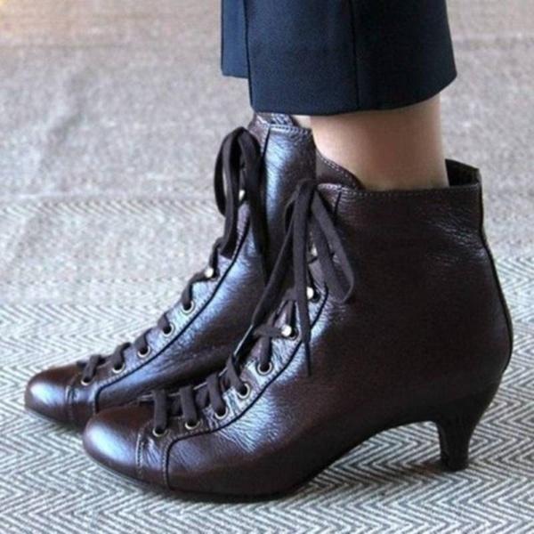 CF44AG Mode Victoriaanse leren laarzen met ronde neus voor dames Rustieke laarsjes Steampunk veterschoenen met lage hak Vintage enkellaarzen Jeanslaarzen EUR 37 zwart