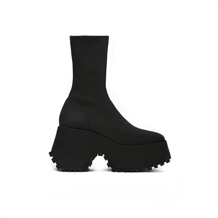 StrideBox 2025 Autumn/Winter Women's Retro Colorblock Thick-Soled Square Toe High Heel Elastic Platform Ankle Boots Size 40