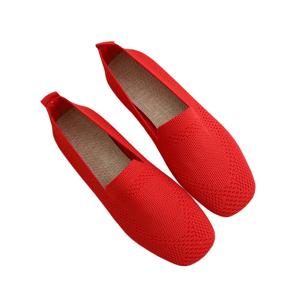 Hapyline Gebreide enkele schoenen Dames lente en herfst Nieuwe vierkante stoffen schoenen met platte bodem Gebreide zwangere damesschoenen met zachte zolen 42 rood