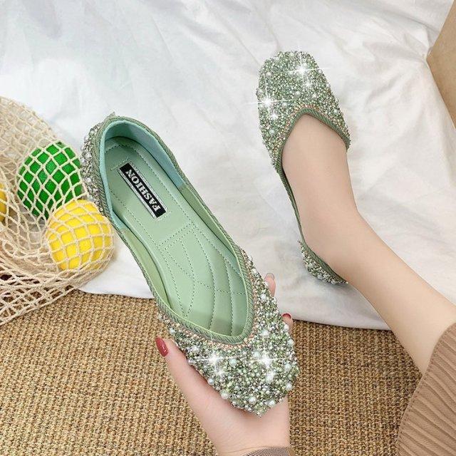 Clothing 04 Glitter Kristal Parel Studs Balletschoenen Dames Vierkante Teen Instappers Loafers Gezellig Ondiep Uitgesneden Ballerina Flats Mocassins Dames 39