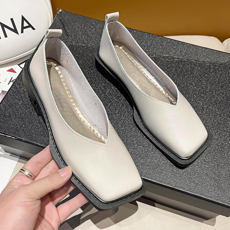 Yoghurt Platte schoenen Dames Vierkante neus Enkel schoenen Eenvoudig temperament Leren schoenen Lente Herfst 4 kleuren 38 beige