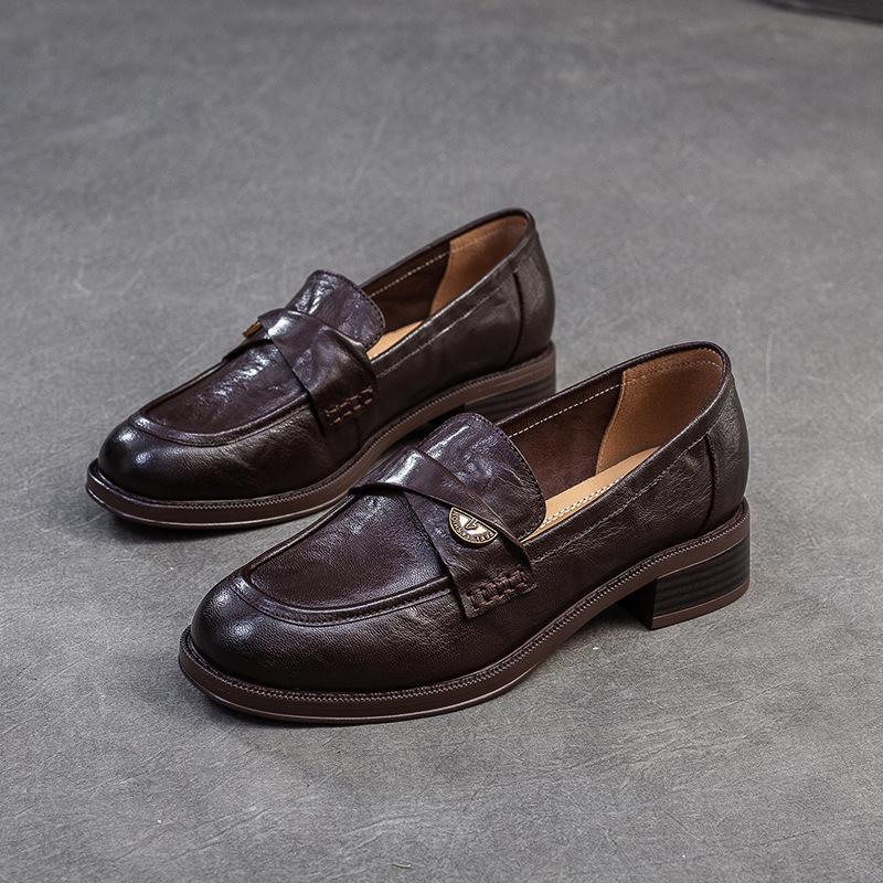Johnature Retro Echt Leren Loafers Lage Hakken Comfortabele Woon-werkverkeer Dames Instappers 40 donkerbruine kleur