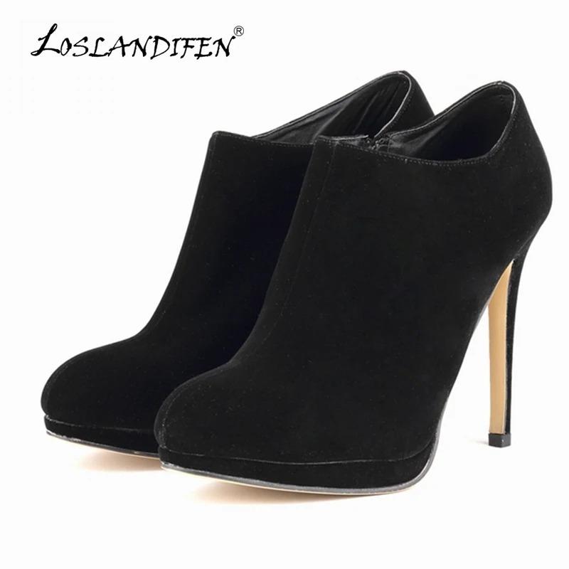 Anlina Loslandifen Faux Velvet Platform High Heels Ladies Women Autumn Winter Casual Ankle Boots 37 zwart