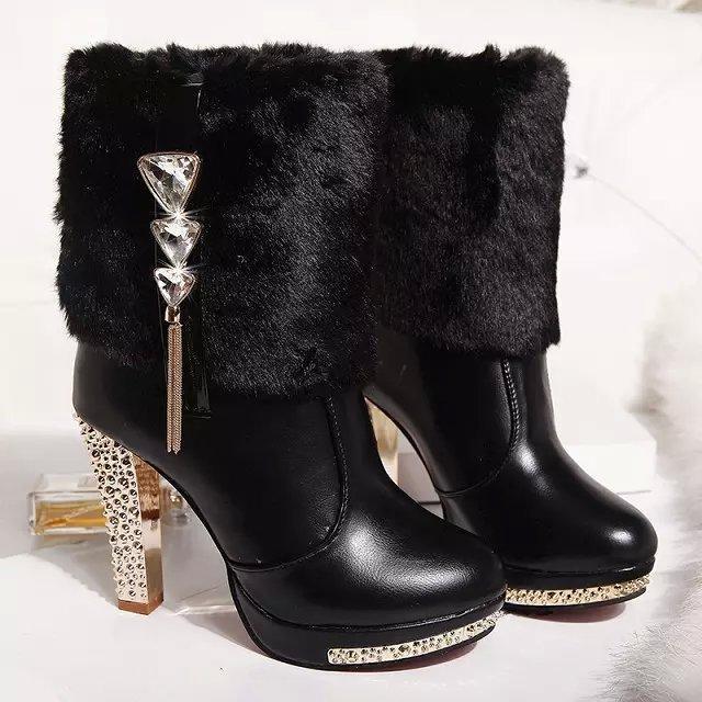 RC BAG Bont Dameslaarzen Dames Dik met Hoge Hak Bont Strass Dameslaarzen Snowboots Dame Hoge Hakken 38 koele zwarte kleur