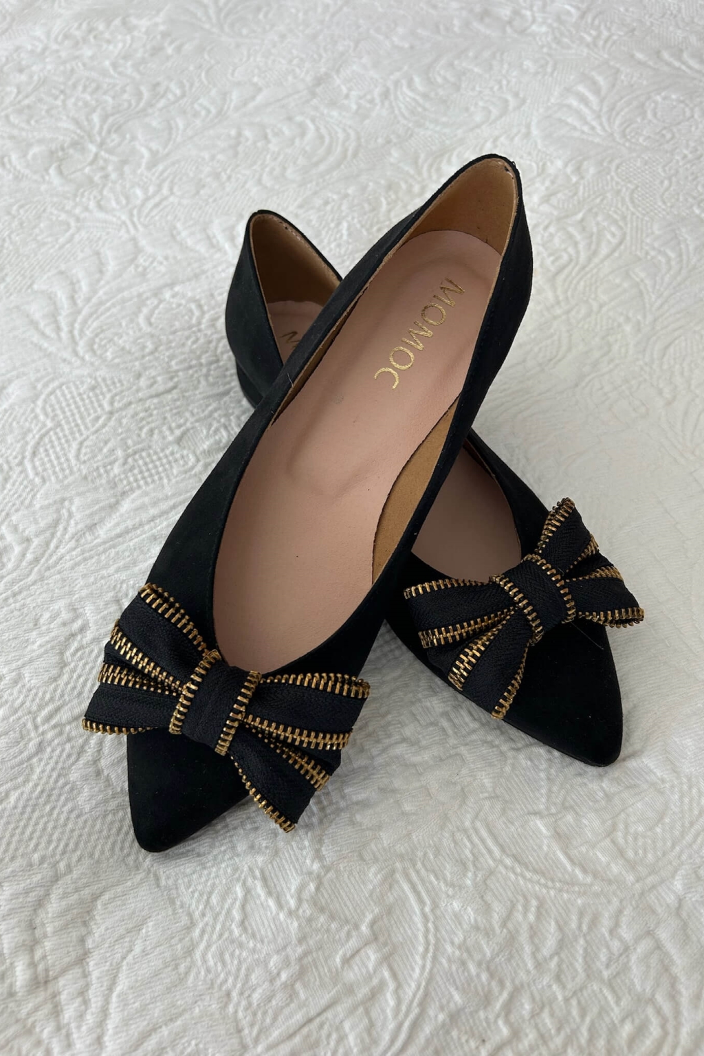 Momoc Damen vegan Ballet Flats Ribbon Zipper Schwarz