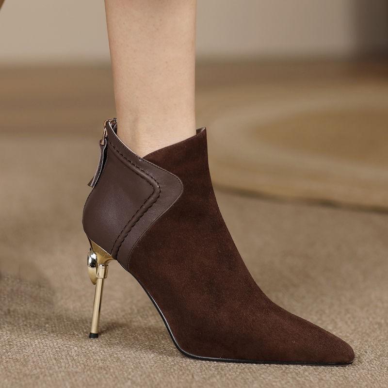 Wucifang Shoes Scherp gepunte korte laarzen, Dames slanke hakken, Herfst en winter nieuwe stijl, Hoge hakken, Mode laarzen van mat leer 39 bruin