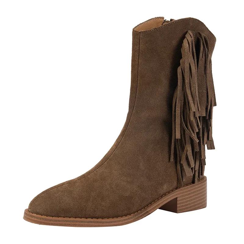 Wucifang Shoes Nieuwe Dames Enkellaarsjes van Koeiensuède Herfst Winter Warm Mode Franje Casual Achterrits Ronde Neus Korte Laarsjes Dames 40 bruin