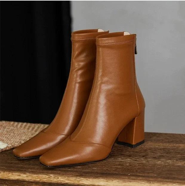Wucifang Shoes Nieuw Leer Dameslaars Achterrits Vierkante Hoge Hakken Effen Puntige Neus Schoenen Feest Enkellaars Zwart Wit Bruin 38 bruin