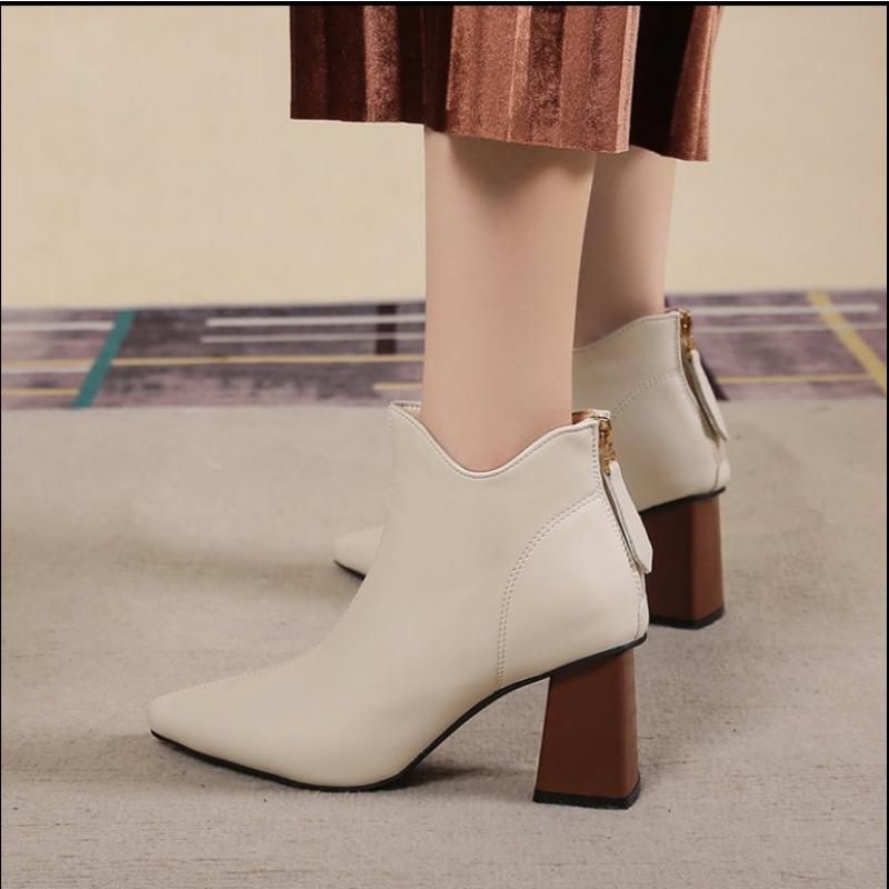 Wucifang Shoes Sexy Dames Puntige Neus Hoge Hakken Laarzen Schoenen Vrouwen Rits Achterkant Zwart/wit Leer Enkellaarsjes Herfst Korte Botas Mujer 35 beige