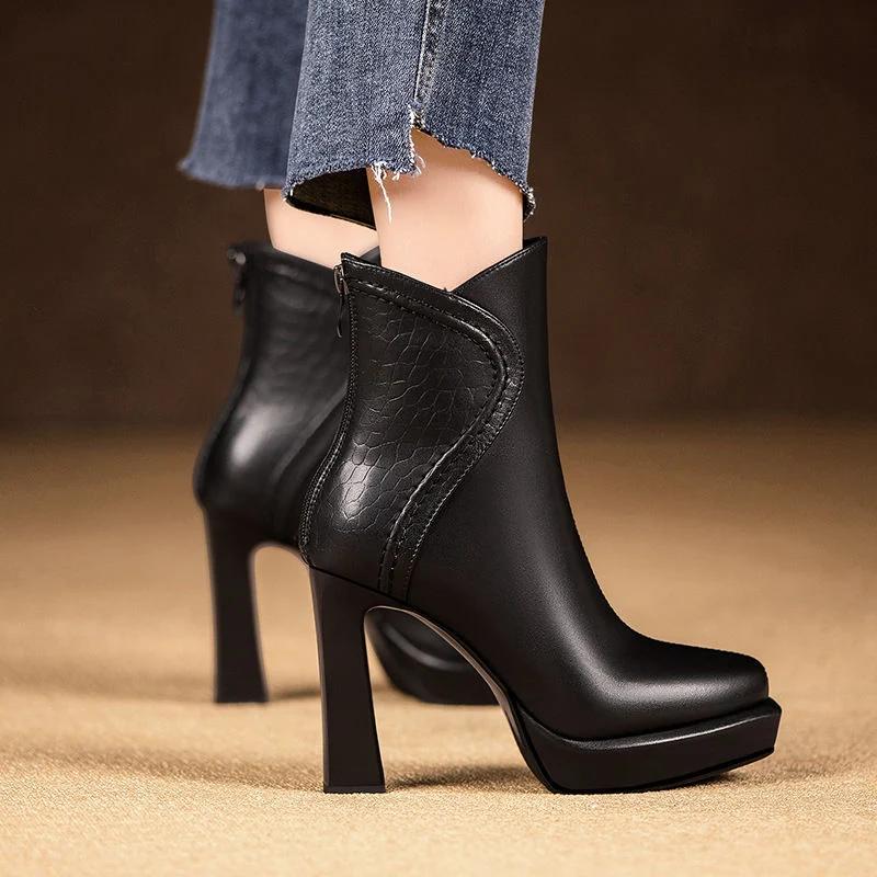 Wucifang Shoes Puntige neus Plateau Dames Sneeuw Enkellaarsjes Hoge Hakken Mode Sexy Pumps Designer Leren Chelsea Boots Winter Nieuwe Trend 37 zwart