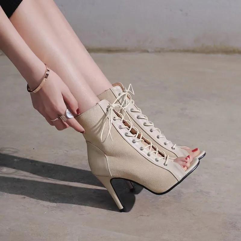 Foot Finesse Elegant Black Summer Ankle Boots For Women 2024 Spring Jazz Dance Shoes Peep Toe Lace Up Heels Pumps Party Shoes Ladies Sandal 35 beige