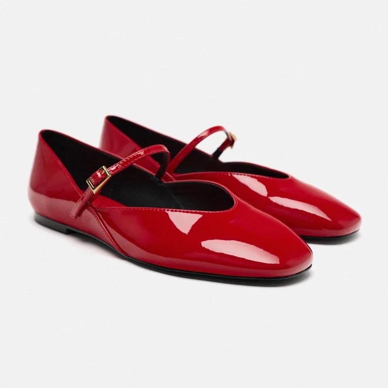 Wucifang Shoes Nieuwe Lente Designer Rode Dames Ballerina's Casual Ronde Neus Flats Gesp Lakleer Vrouwelijke Jurkschoenen 38 rood