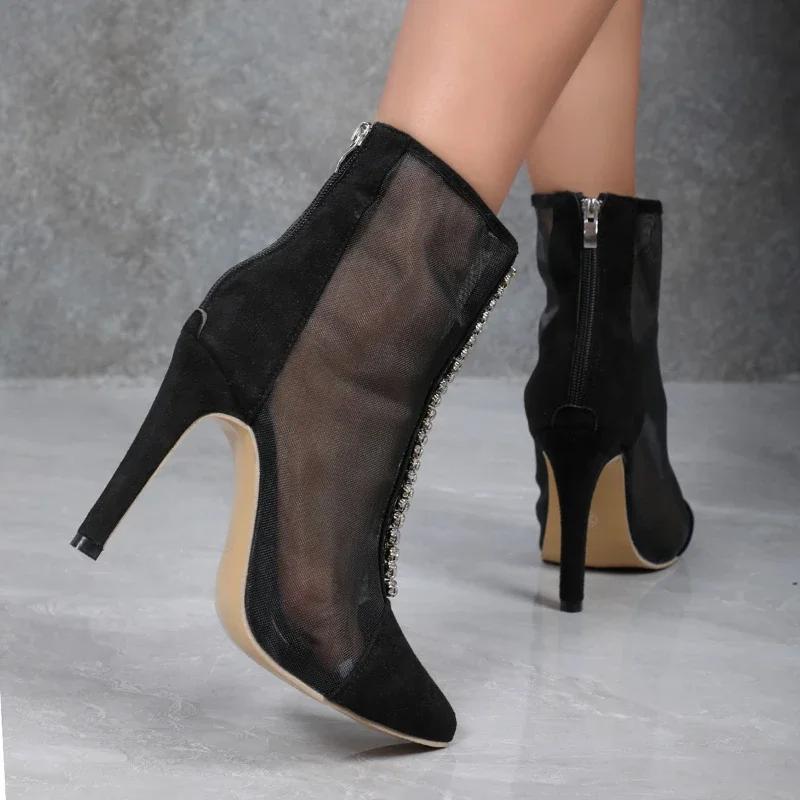 Wucifang Shoes Nieuwe Lente- en Herfstmode Puntige Mesh Ademend Paneel Water Diamant Rits Achter Casual Grote Dames Hoge Hakken 35-43 43 zwart