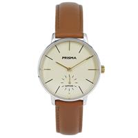 Prisma Zilverkleurig Dames Horloge met Bruin Lederen Horlogeband